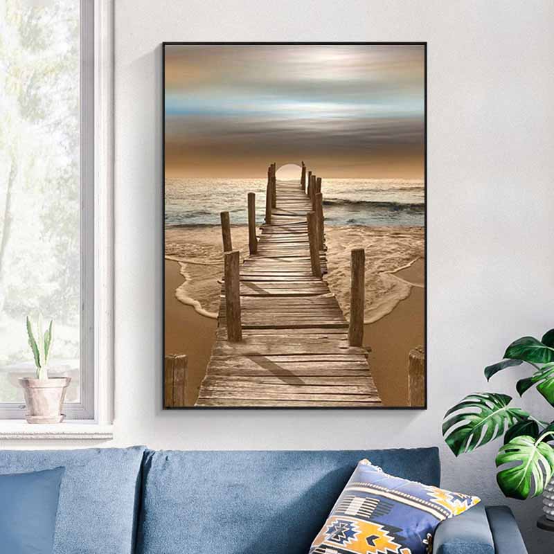Pósteres y grabados de puentes de madera en la playa, pintura en lienzo de paisajes, imágenes artísticas de pared al atardecer para sala de estar, decoración moderna del hogar