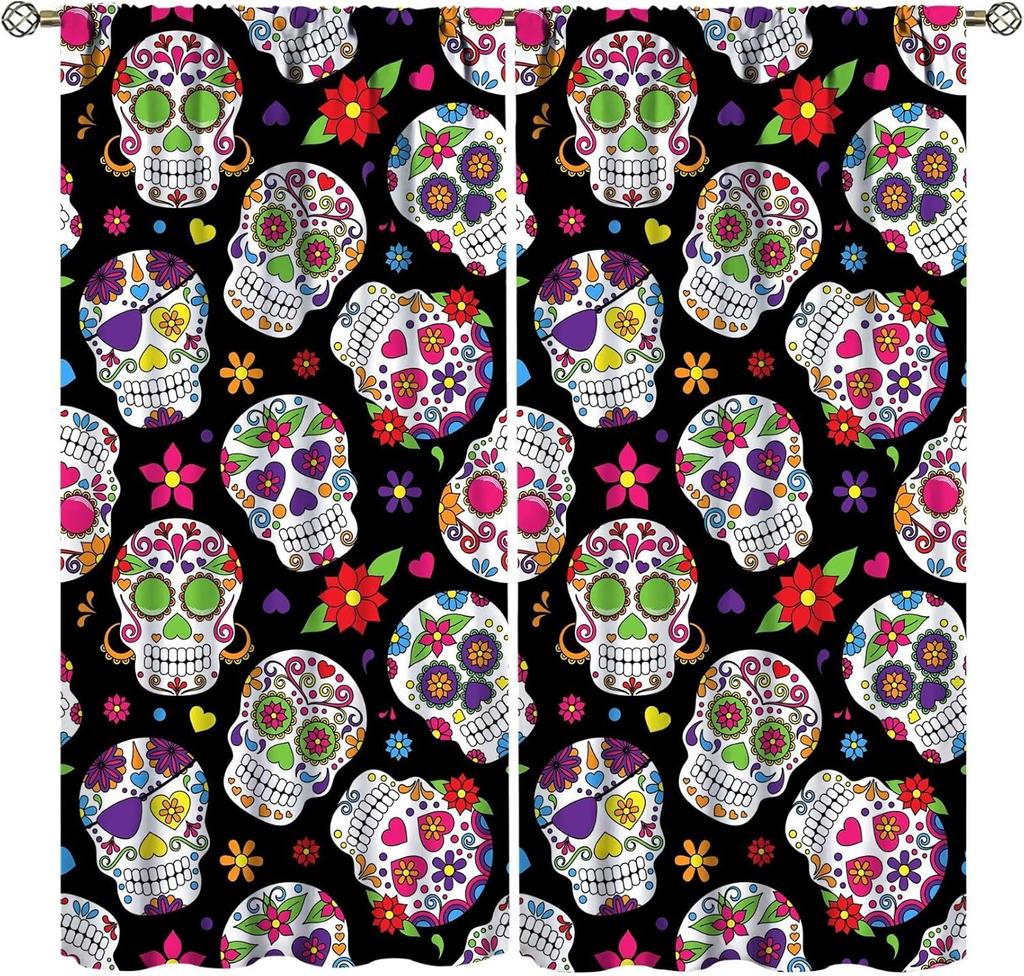 Vintage Skull Curtains Rose Flowers Wildflowers Halloween Theme Scary Curtain Bedroom Living Room Home With Rod Pocket Polyester Ideal For Sitting