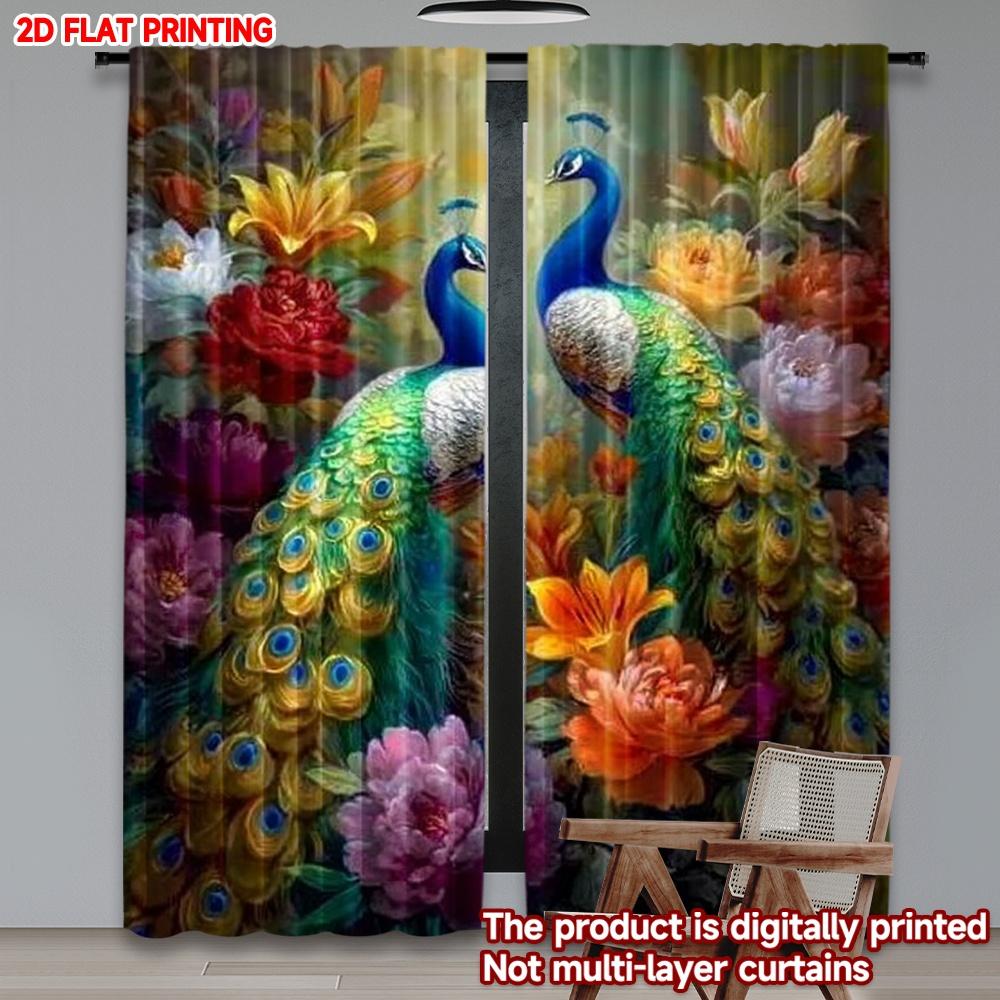 2D flat printing 2pcs Window Treatment Curtains Colorful Peacocks Among Flowers Digital Printed Polyester Drapes Seasonal Party