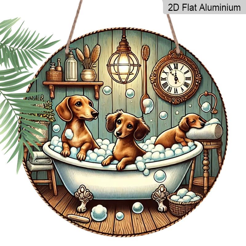 2D Flat 1pc, Bathing Dog Theme Design, Flat Printed Aluminum Metal Signs, Circular Iron Hanging Picture, 8x8 Inch Wall Decoration, Bar, Cafe, Club