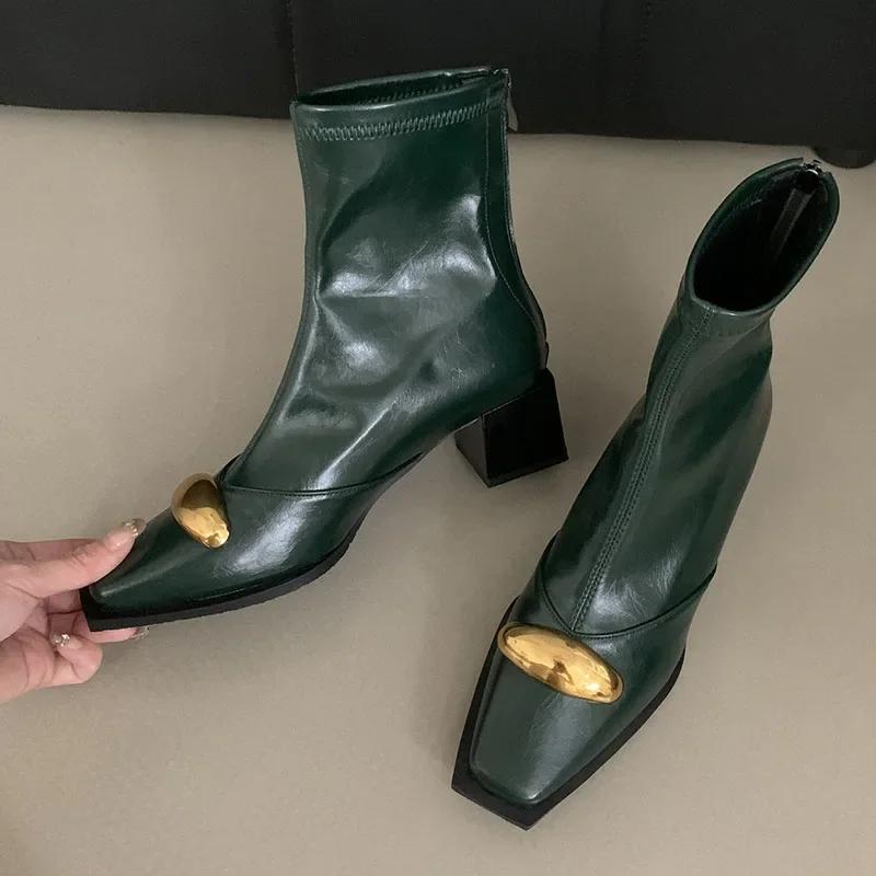Fashion New Shoes Designer Metal Women Ankle Elastic Boots Fashion Zippers Footwear Square Heels Ladies Modern Short Booties Shoes