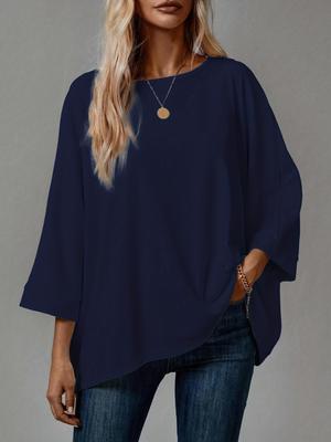 Frühling/Sommer 2026 Damen Übergröße Rundhals 3/4 Ärmel Lockeres T-Shirt - Neuheiten, Uni-Farben, Grenzüberschreitende Mode