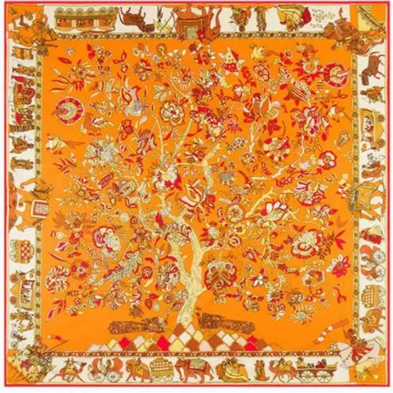 Square Scarf  Luxury Brand Twill Silk Scarf For Women Headband Female Charm Life Tree Print Large Square Scarves Silk Shawls