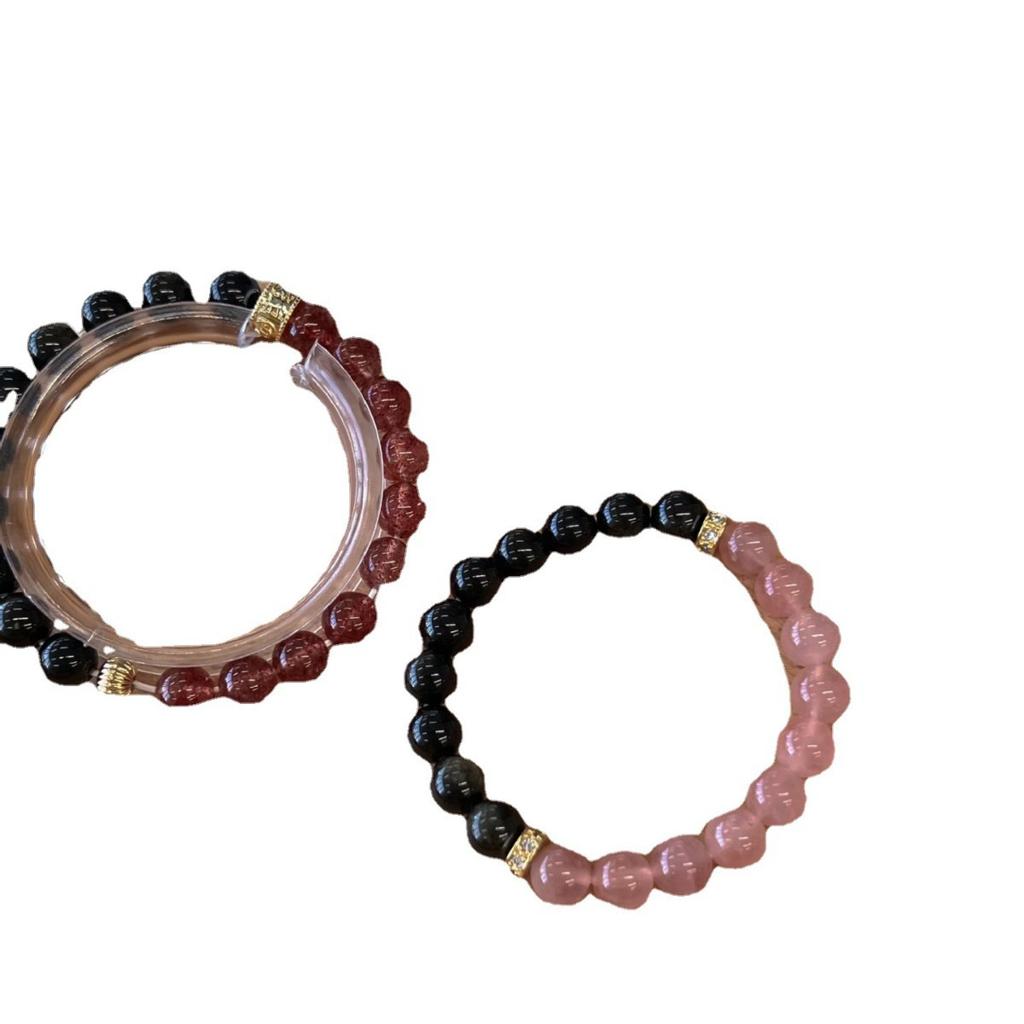 Handmade Natural Rose Quartz Bracelet with Black Obsidian and Strawberry Quartz - Unique Gift