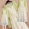 Women's Green Floral Cardigan & Camisole Dress Set - Spring/Summer Seaside Vacation Collection