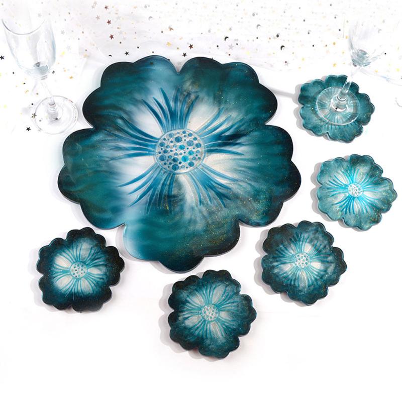 Flower Shape Coaster Mold with Sunlight Edges Fruit Tray Silicone Epoxy Casting Mold for Resin DIY Jewelry Plate Trinket