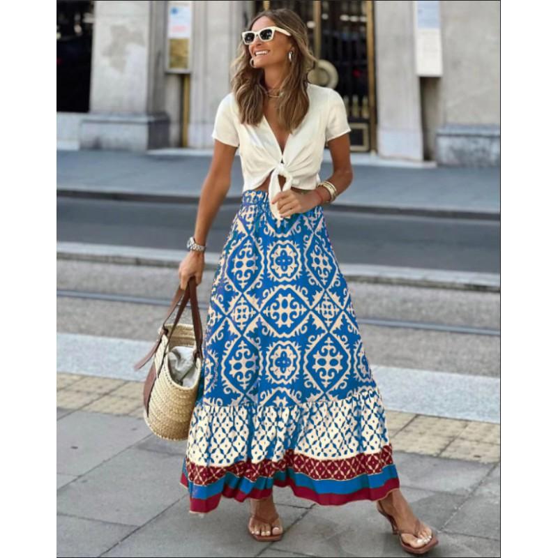 Womens Printed High Waist Flared Midi Skirt Loose Casual A-line Daily Dating
