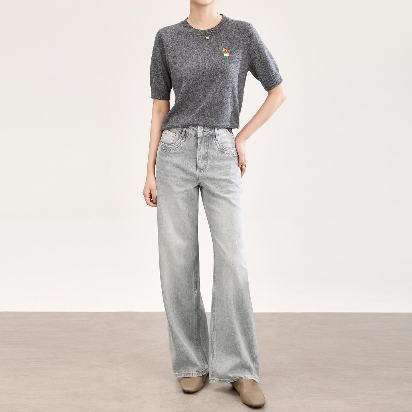 French High Waist Rhinestone Wide Leg Bamboo Cotton Jeans - Women s Spring Style 28