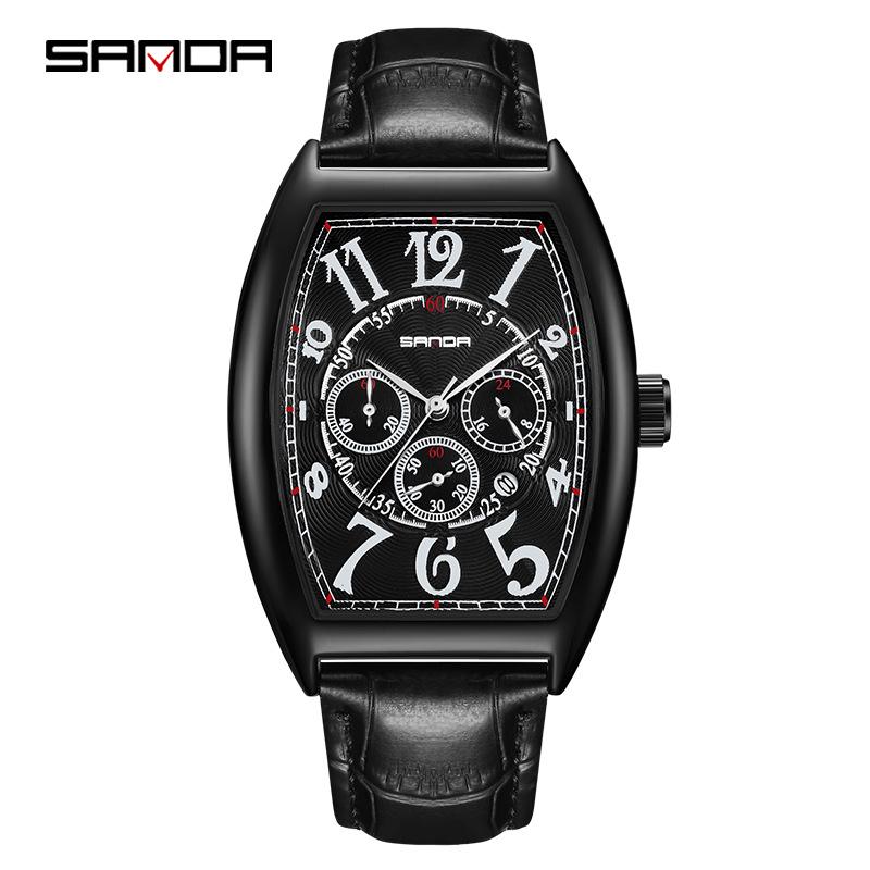 Sanda Men s Quartz Wristwatch - Barrel Shape with Calendar, Leather Strap, Large Numbers, and Small Seconds Sub-dial