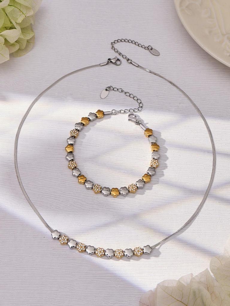 European & American Fashion Star Zirconium Necklace & Bracelet Set - Color-block Stainless Steel Jewelry