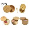 Bamboo Salt Cellar Seasoning Jar with Built-in Spoons Salt Container for Kitchen Swivel Lid Spice Box for Countertop