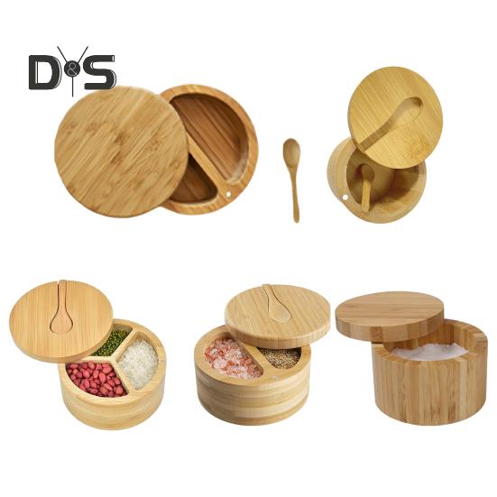 Bamboo Salt Cellar Seasoning Jar with Built-in Spoons Salt Container for Kitchen Swivel Lid Spice Box for Countertop