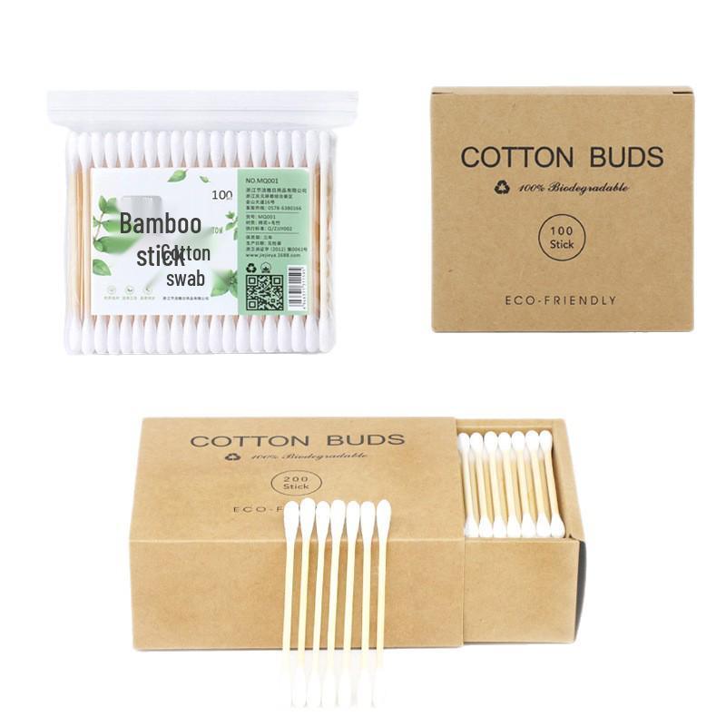 Box of 200 Double-Headed Bamboo Cotton Swabs for Ear Cleaning & Makeup Removal