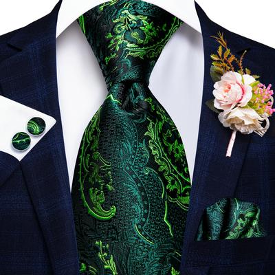 Pánská zelená hedvábná kravata Svatební oblek pro ženicha Corsage kravata Hanky ​​Manžetové knoflíčky Set