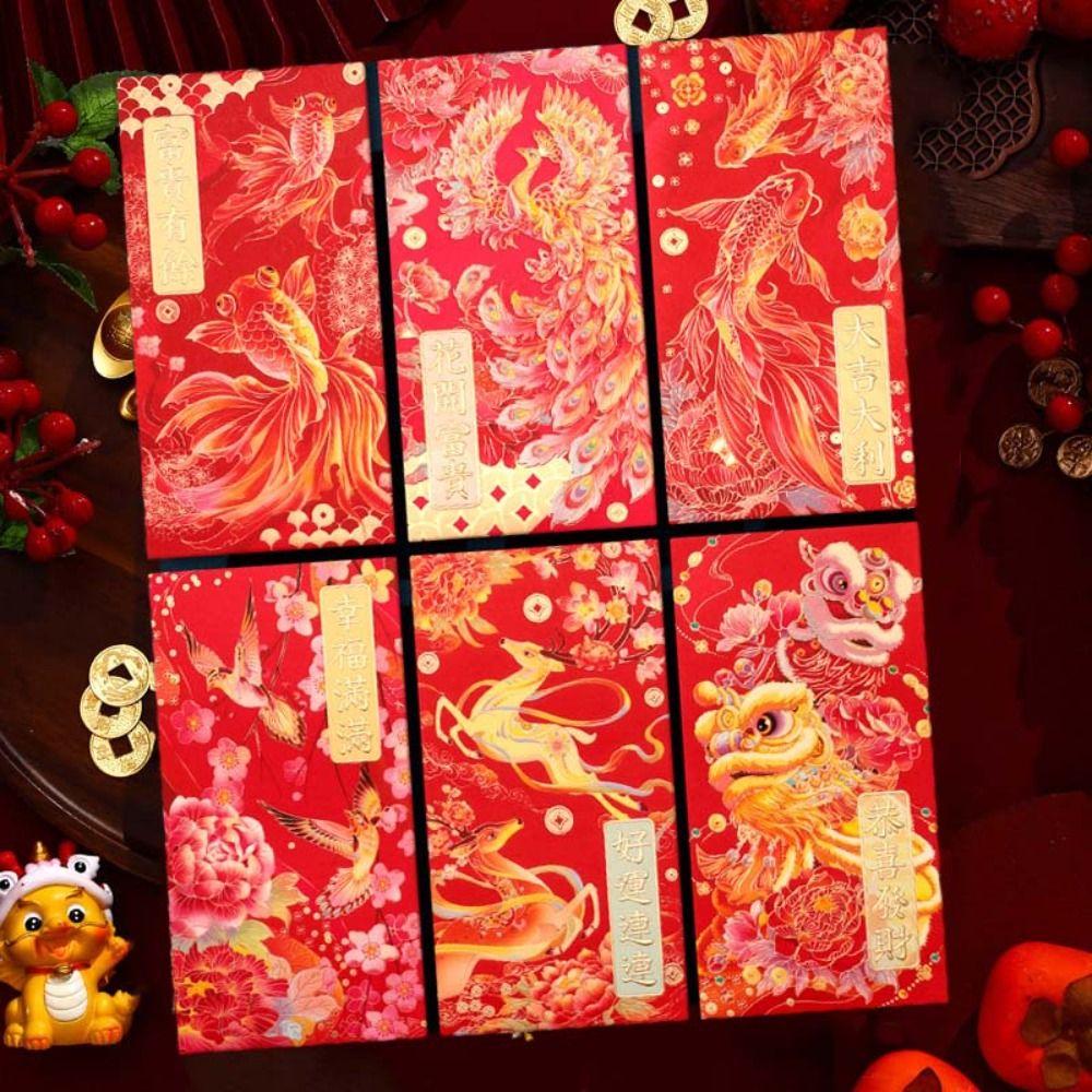 6pcs Mixed Pattern Chinese New Year Red Envelope Hot Stamping Red Packet HongBao  Year of The Snake