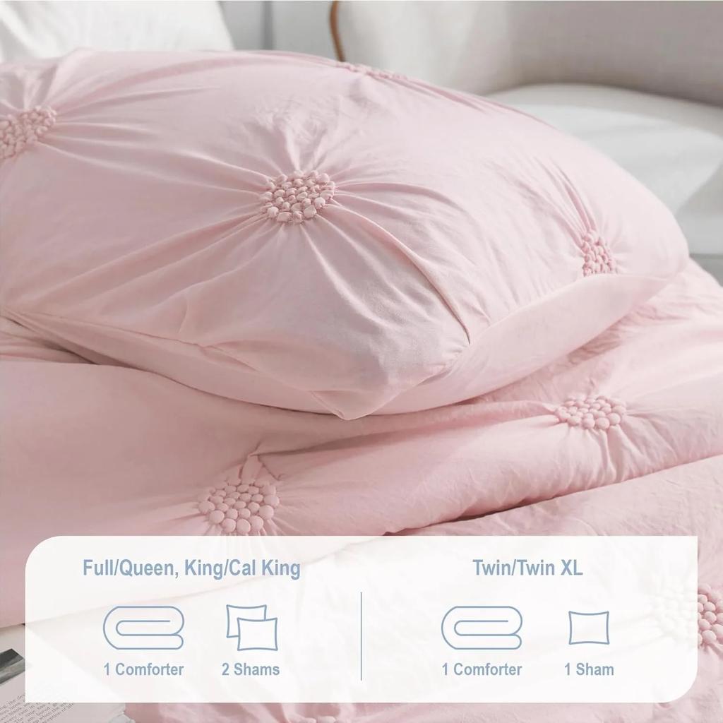 Full/Queen Baby Pink Rose Blush Comforter Set - Ruched 3D Floral Pintuck Bedding Set - 3 Pieces Bed Linen, 1 Comforter