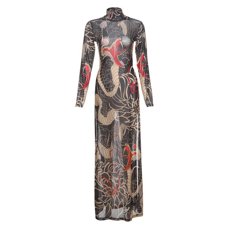 

# Sisjuly# Geisha Carp Japanese Old Traditional Tattoo Print Niche Style Turtleneck Long Sleeves Silm Dress Women Kakh(K24L62340) L