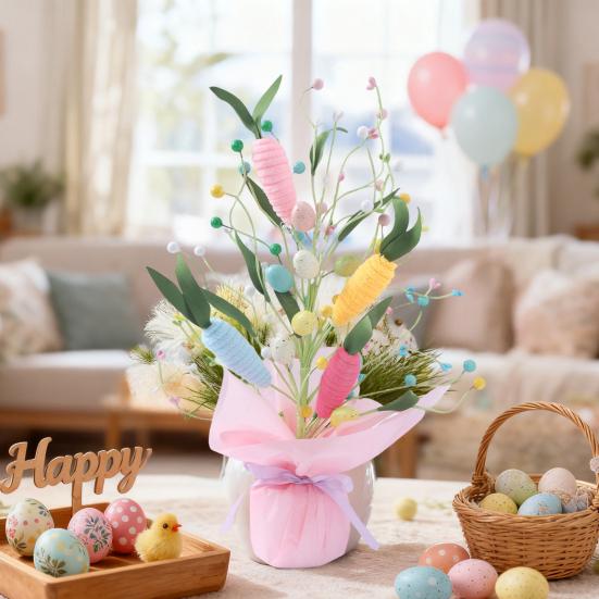 Künstliche Oster-Topfpflanzen 42 cm Osterei-Baum Tischdekorationen mit Pfeifenreiniger-Karotten Künstliche Blumen für Kaminsims Kamin Haus Frühling Dekor