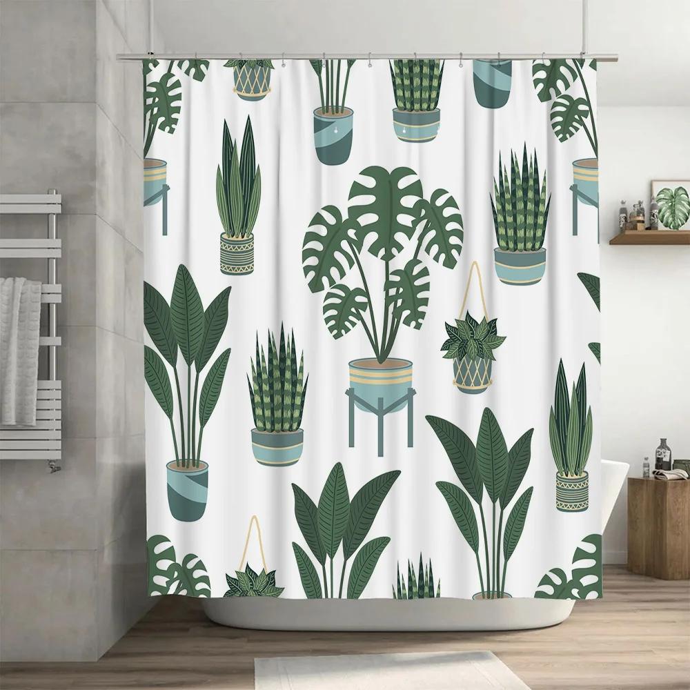 Green Foliage Shower Curtain with Potted Plants for Bathroom Decor Waterproof Fabric Home Decoration