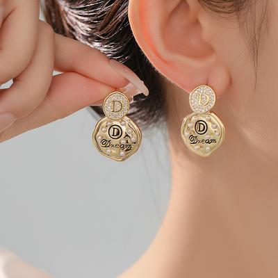 Personality Zircon Pearl D Letter Earrings Women'S Cold Wind Niche Earrings Light Luxury Temperament Silver Needle Earrings