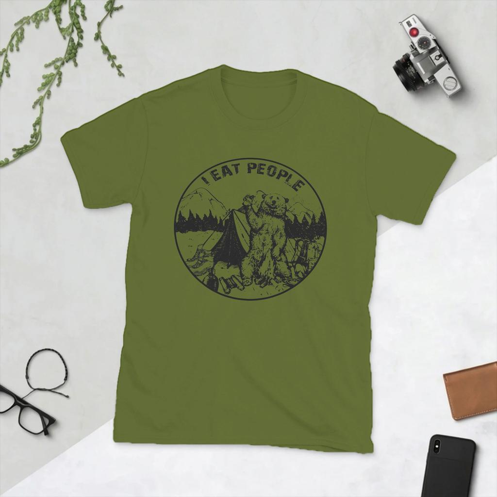 Novelty I Hate People I Eat People Bear TShirt Unisex O Neck Pure Cotton T Shirts Camping Hiking Short Sleeve Tees Printed Clothes