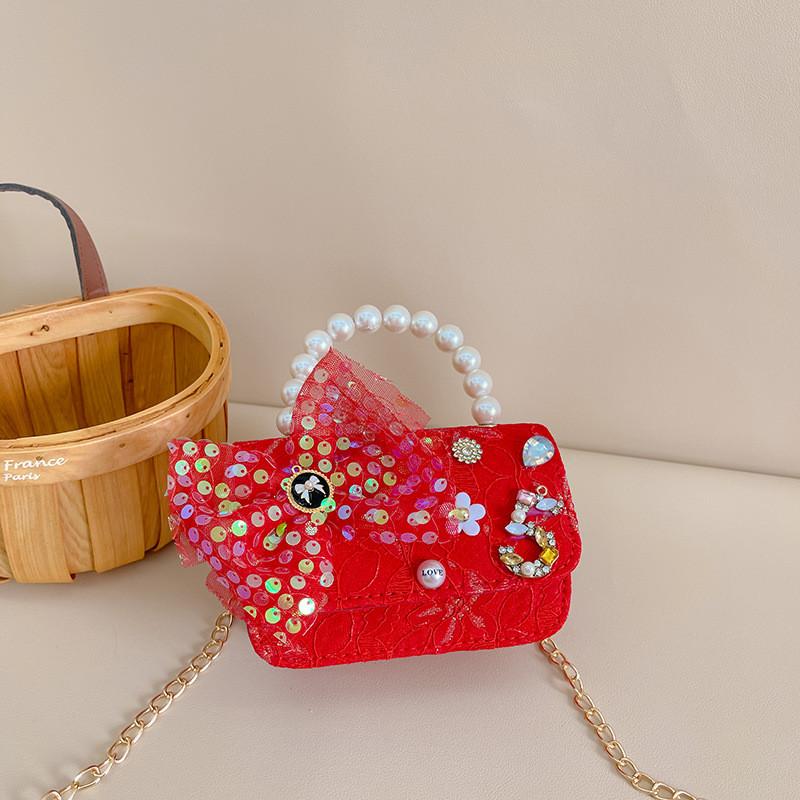 Entzückende Mini-Prinzessin-Tasche mit Schleife für Kinder mit schickem Perlendetail und stilvoller Kette