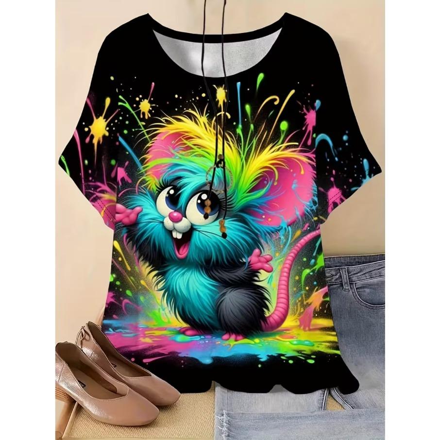 XL-7XL Plus Size Women's Casual Owl 3D Print Loose Round Neck Short Sleeved T-shirt Top