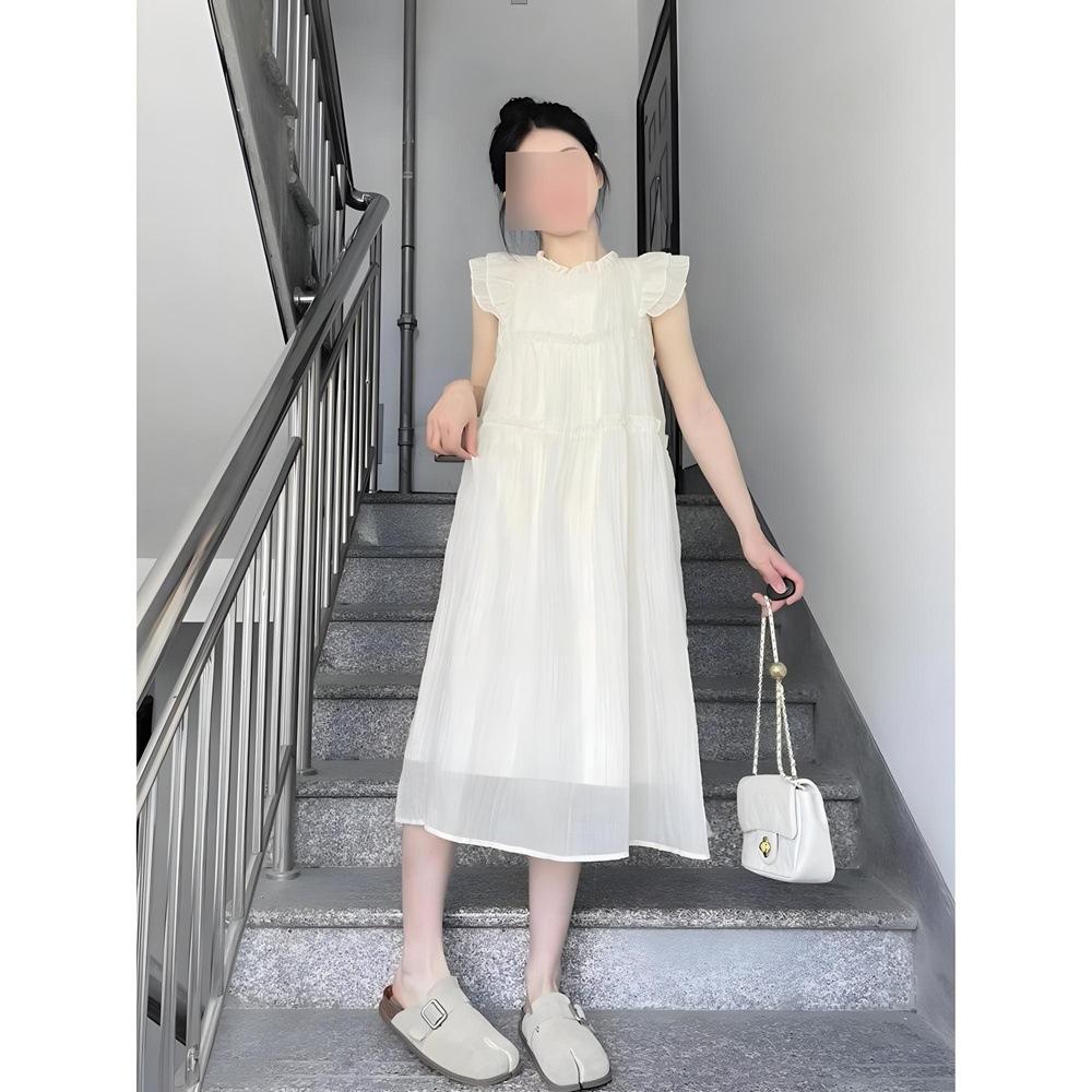 French Temperament Seaside Vacation Fairy Long Dress Small Flying Sleeves White Girl Casual Dress Children's Summer New