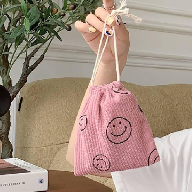 

Vintage Corduroy Drawstring Cosmetic Bag Adorable Smiley Face Organizer Pouch Pink Smile