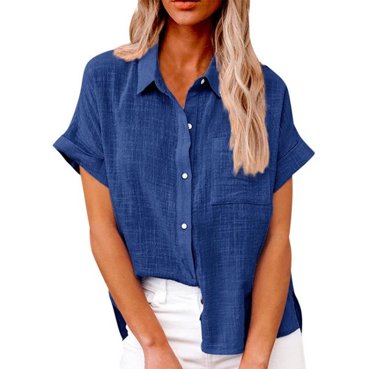 Casual Loose Women Shirt Short Sleeve Lapel Button Down Top With Pocket Tshirt Fashion Color
