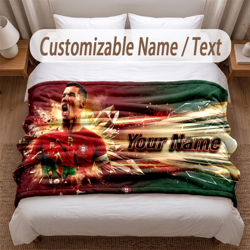 Cristiano Ronaldo Printed Flannel Blanket Custom Name Text Soft Warm Throw For Bedroom Holiday Gift
