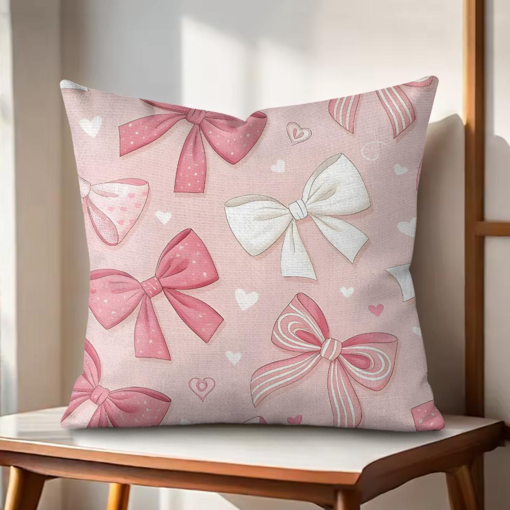 Pink Bow Cushion Cover Natural Linen Organic Fabric DoubleSided Printing Couch Pillow Covers Home Decor