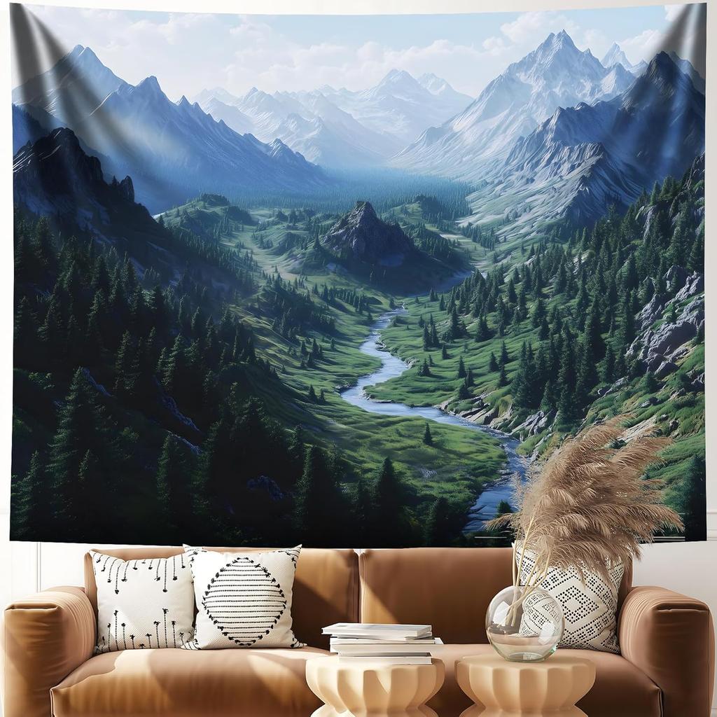 Nature Mountain Forest Tapestry for Bedroom, Landscape Wall Hanging Tapestries, Scenic Green Pine Tree Waterfall Landscape Wall