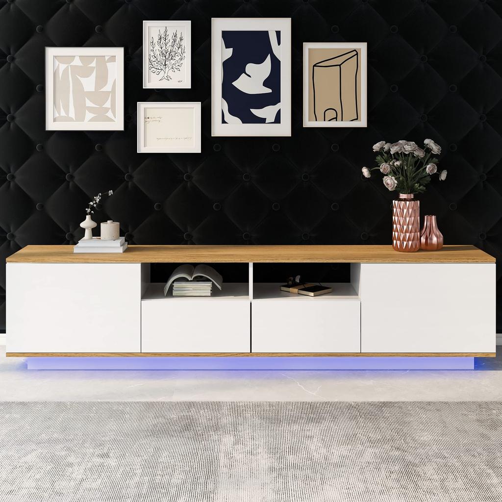 TV Lowboard 180cm Breite LED Beleuchtung, Moderner TV Schrank 2 Schließfach 4 offenes Regal, Wohnzimmer Esszimmer, Weiß & Eiche, 180 x 40 x 50 cm