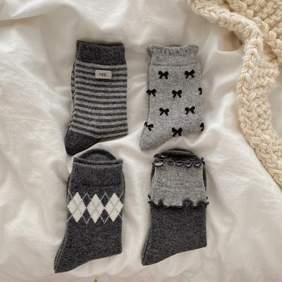Socks Gray Boneless Wool Thickened Bow Warm Pile Socks Korean Socks Medium Tube Socks