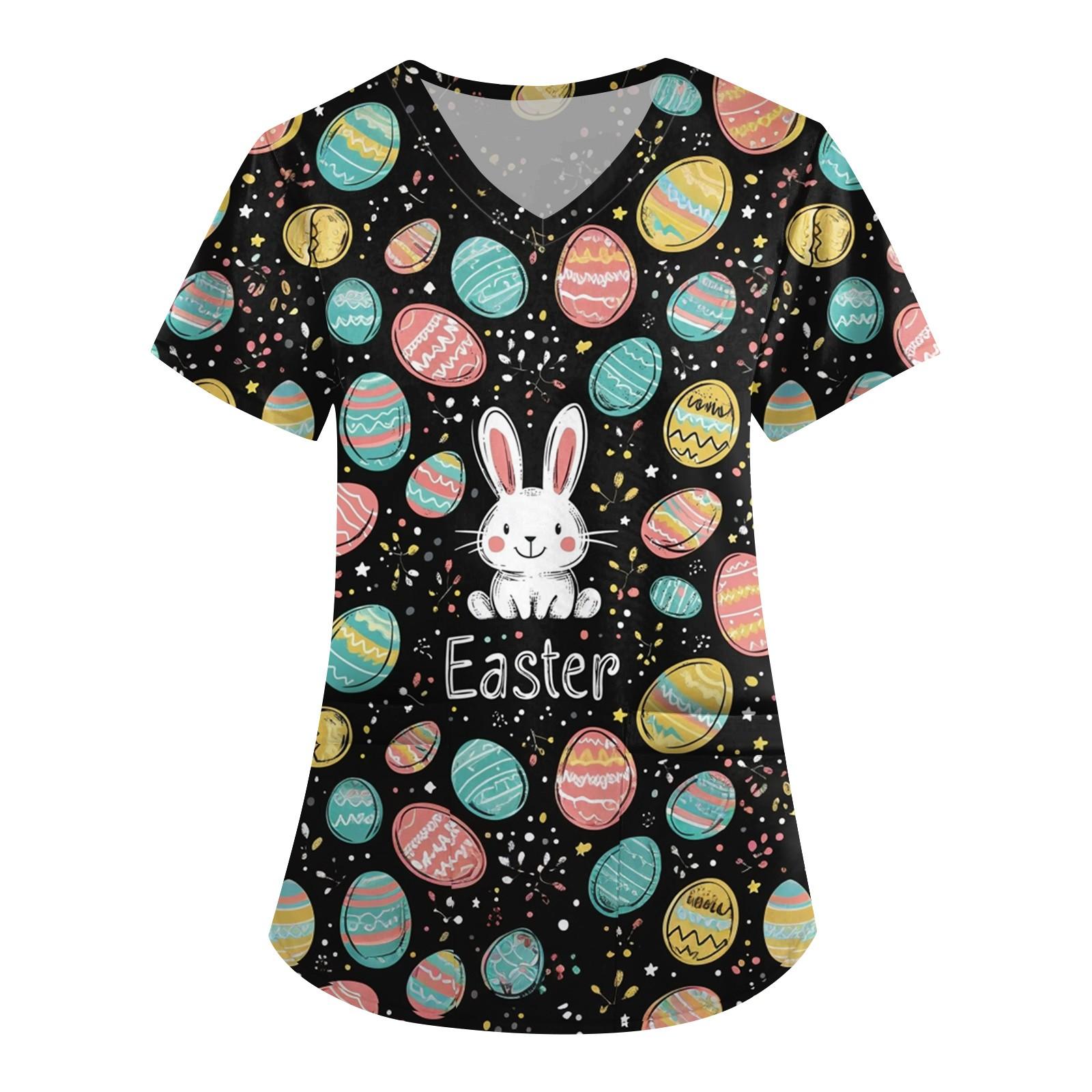 

Женская мода V-образный вырез короткий рукав комбинезон с карманами пасхальный принт топы одежда XXL чёрный