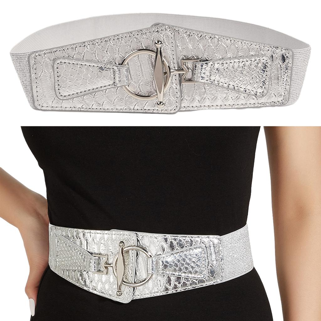 Damen Stretchgürtel Elegant Breites Korsett Dekorativ Glitzernd Metallic Kunstleder Elastischer Taillengürtel mit Legierungsschnalle