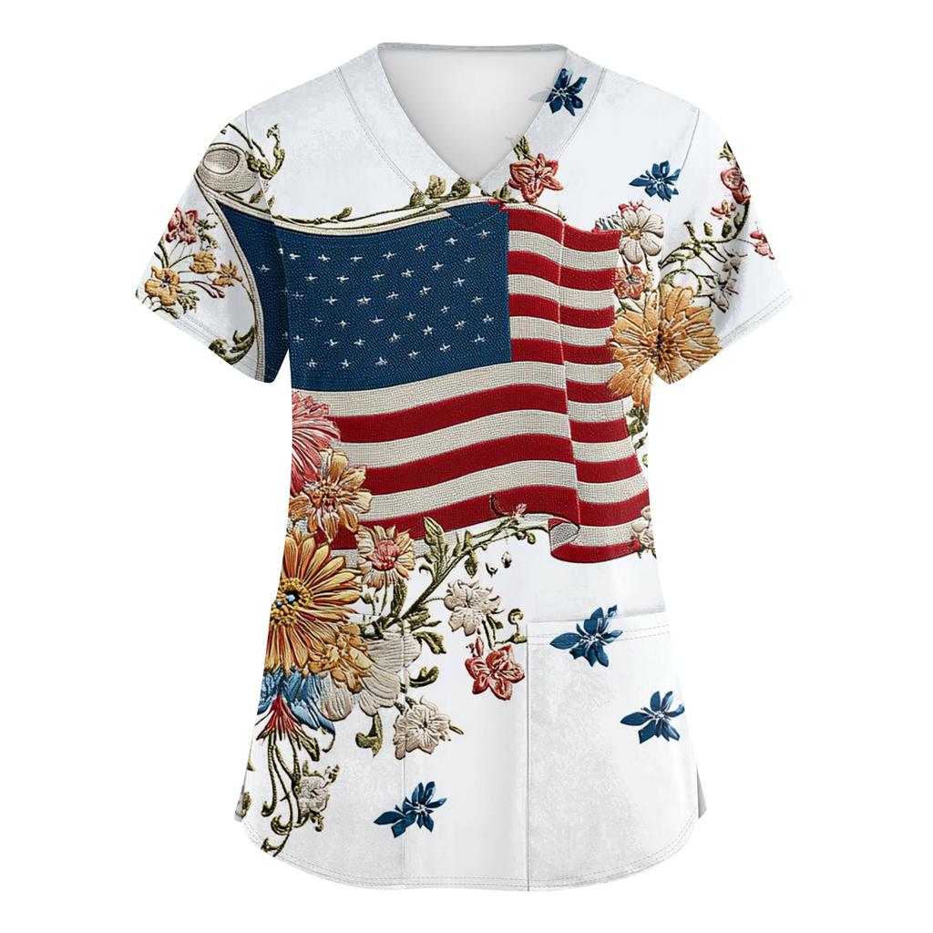 Damen Kurzarm Unabhängigkeitstag Aufdruck V-Ausschnitt Tasche Arbeitskleidung Oberteil