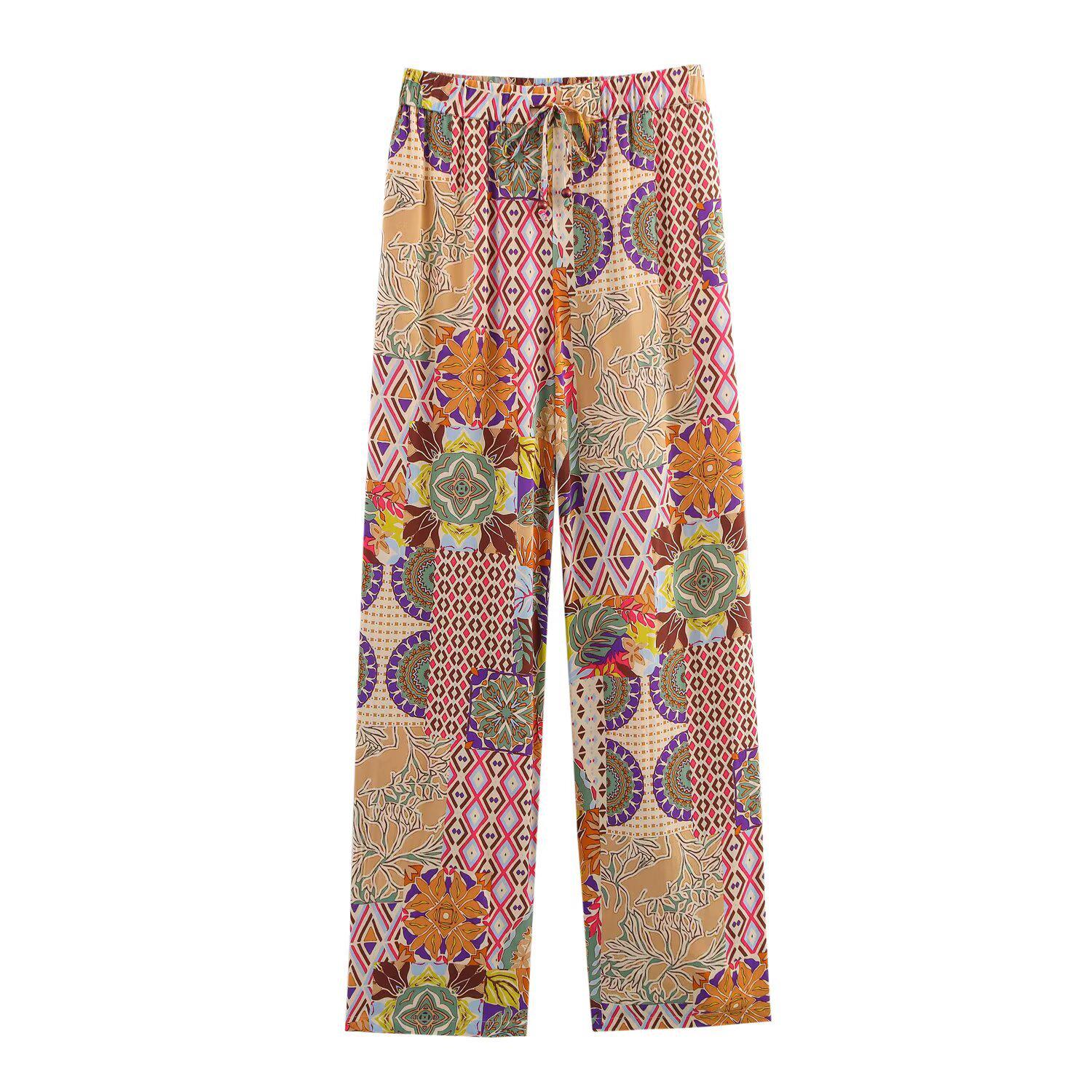 

2025 Весна Женский Европейский и Американский Стиль Принт Рубашка с Деталью Узла и Повседневный Комплект Длинных Брюк S