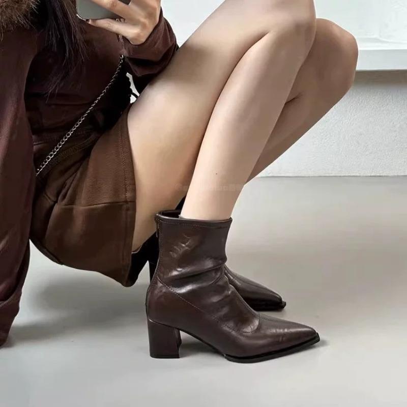 2026 Fashion Pointed Toe Modern Ladies Short Boots Shoes Female Square Heels Women Ankle Stretch Boots Zippers Shoes Pumps 35-42