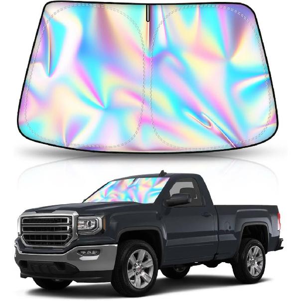 Holographic Reflective Car Windshield Sun Shade Compatible With GMC Sierra 1500 2500 HD 3500 HD 2014-2018, Foldable Reflective Window Sunshade For UV