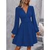 Autumn Winter V Neck Lantern Sleeve Pleated Waist Dress