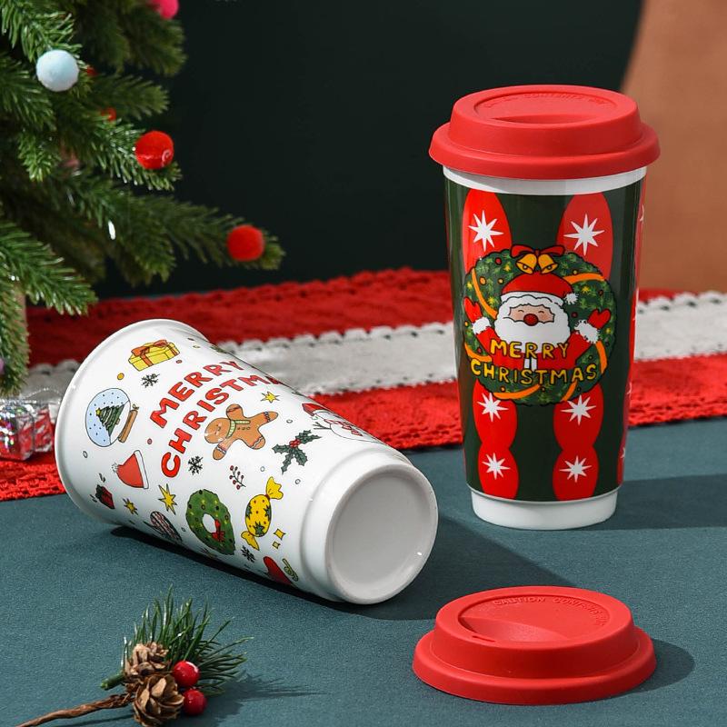 Christmas Ceramic Casual Cup with Lid Snowman Old Man New American Coffee Cup Water Cup High Cup Gift Milk Tea Cup