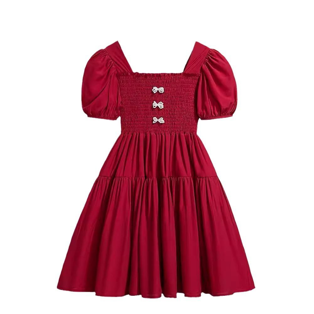 Summer Girls Tweed Dress Square Neck Puff Sleeve Children Princess Dress Fashionable Sweet Party Wear For Kids