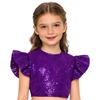Dívčí párty halenka top třpytivý flitrovaný crop top kulatý výstřih volánkové design s muchlákovými rukávy podšitý narozeninový top