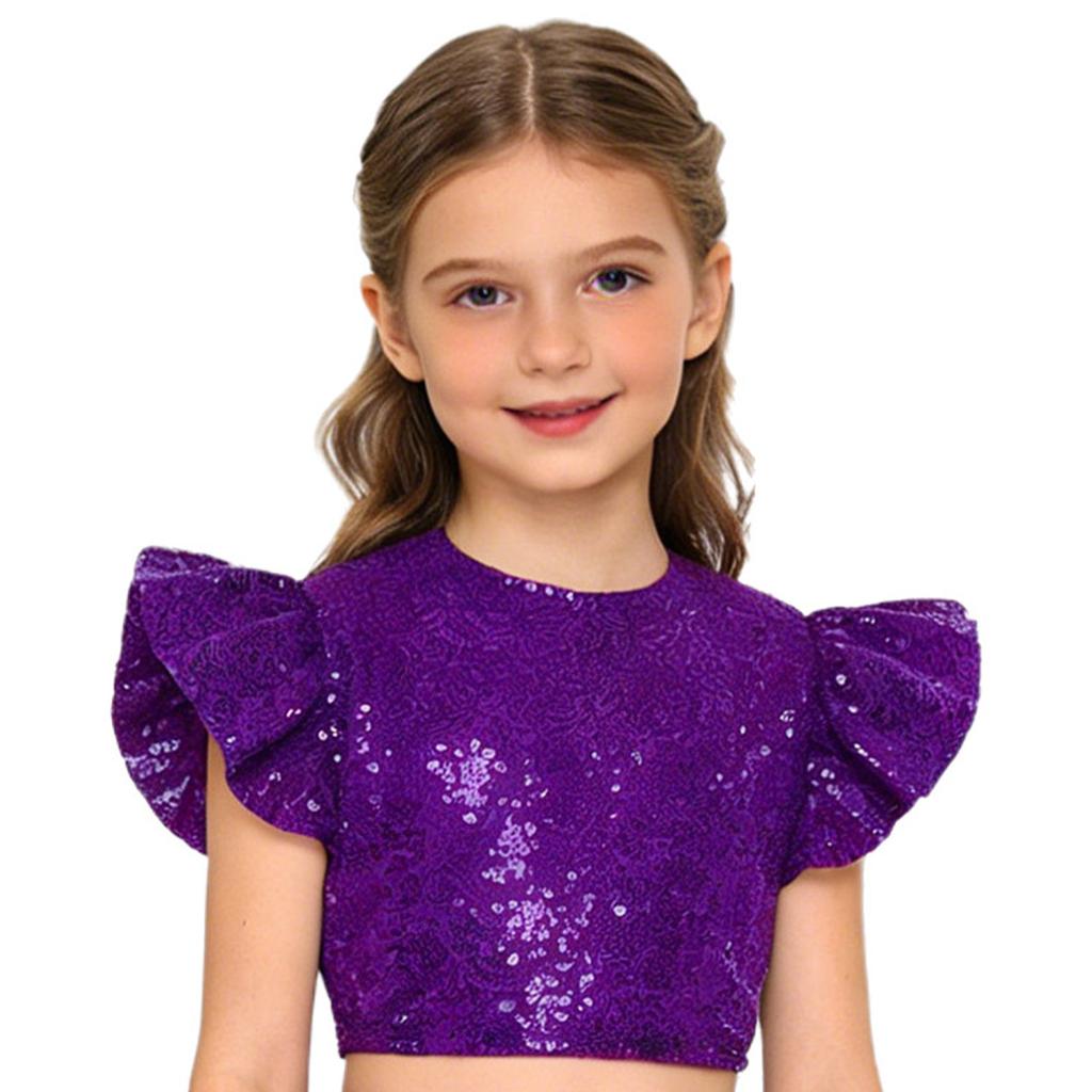 Dívčí párty halenka top třpytivý flitrovaný crop top kulatý výstřih volánkové design s muchlákovými rukávy podšitý narozeninový top