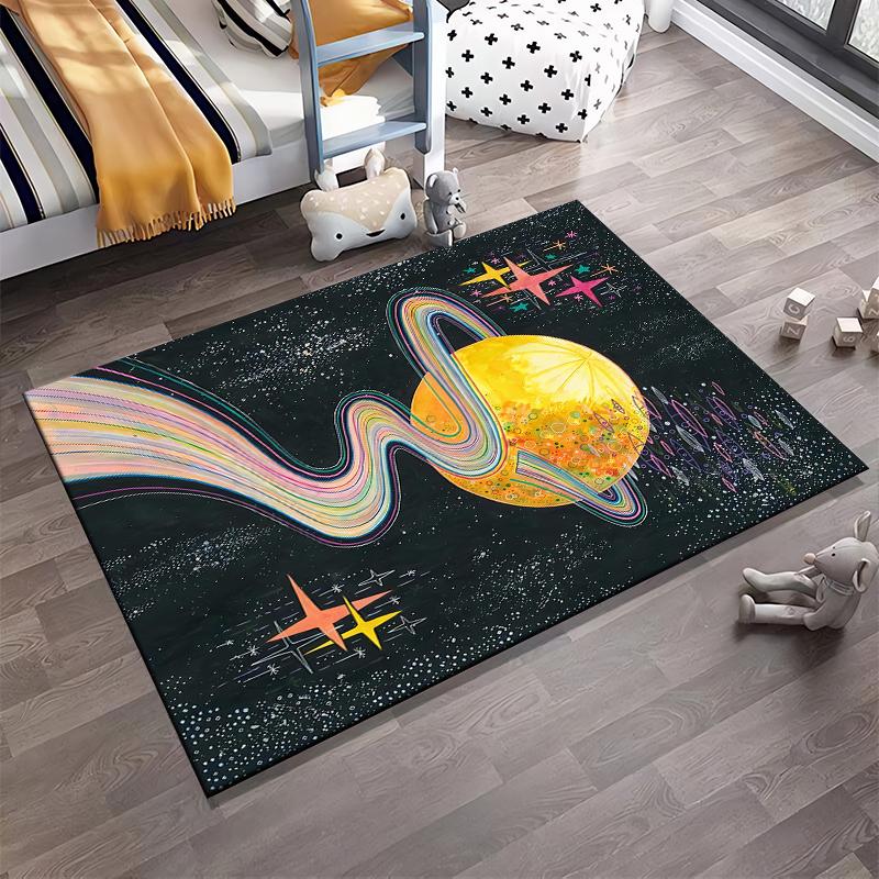 "Colorful Galaxy Carpet with Planet, Stars, and Rainbow Trail Design" Suitable for use as an anti-slip for living room bedroom sofas