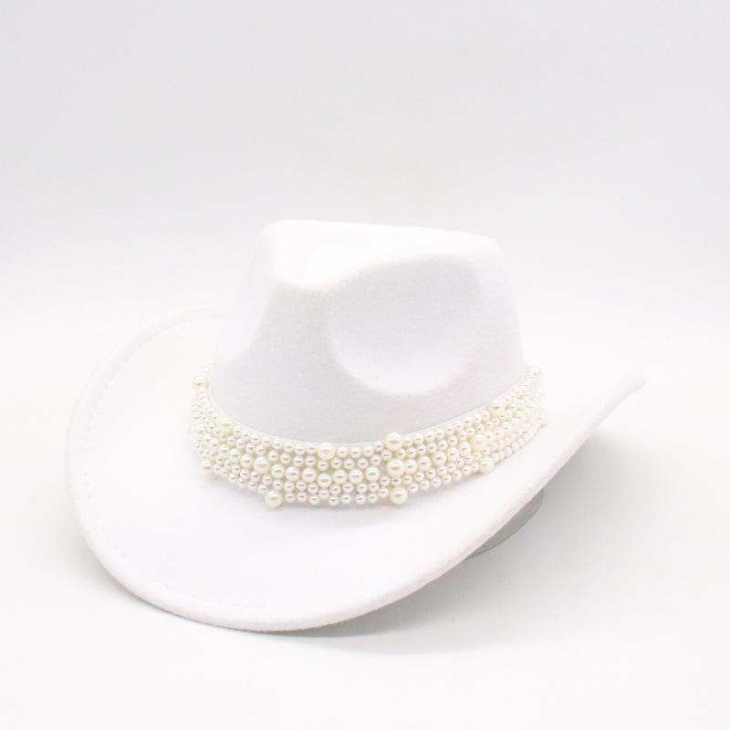 Premium Western Cowboy Hat British Elegant Jazz Hat Pearl Top Hat Big Eaves Hat Women'S Wool Hat