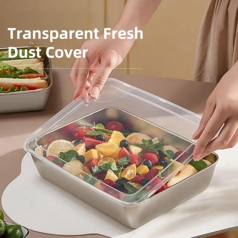 3pcs Stainless Steel Fruit Tray Lunch Box Home Food Storage Container Rectangle Dish with Cover Noodles Thick Food Container