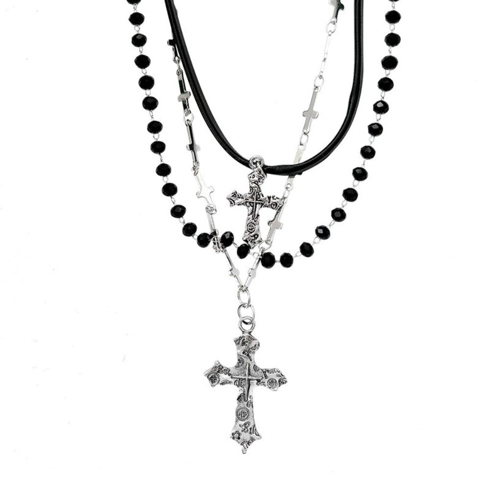 New Multi Layer Cross Bead Long Pendant Metal Cross Cross Pendant Vintage Design Sweet Cool Beaded Chain Women Gift